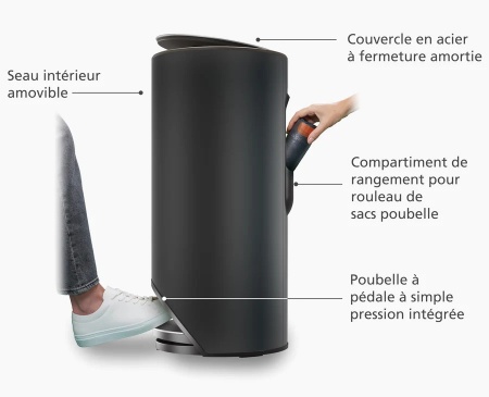 Poubelle &agrave; p&eacute;dale Arc noir - Easy-Push - 30 Litres - Joseph Joseph